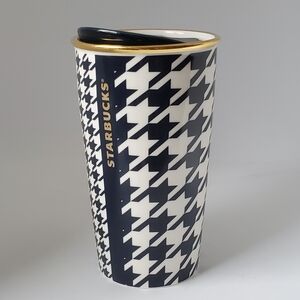 2015 Starbucks Dot Collection Houndstooth Navy Blue w/ Gold Ceramic Tumbler 12oz